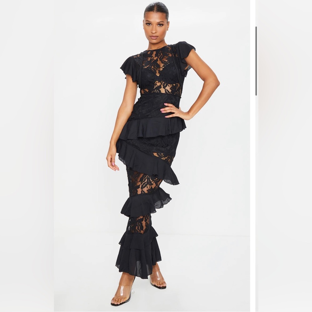 Black Lace Ruffle Maxi Dress